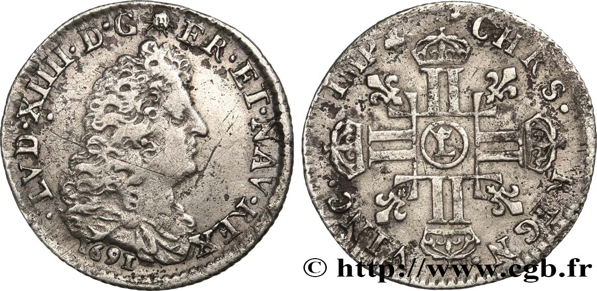 LOUIS XIV  THE SUN KING  Douzième d écu aux huit L, 1er type 1691 Lille BC/MBC