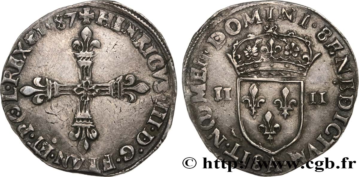 HENRI III Quart d écu, croix de face 1587 Paris TTB