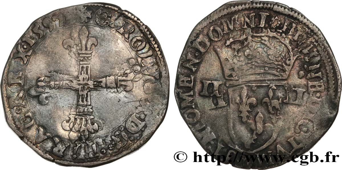CHARLES X, CARDINAL OF BOURBON Quart d écu, croix de face, légende fautée millésime 157 1597 Nantes VF