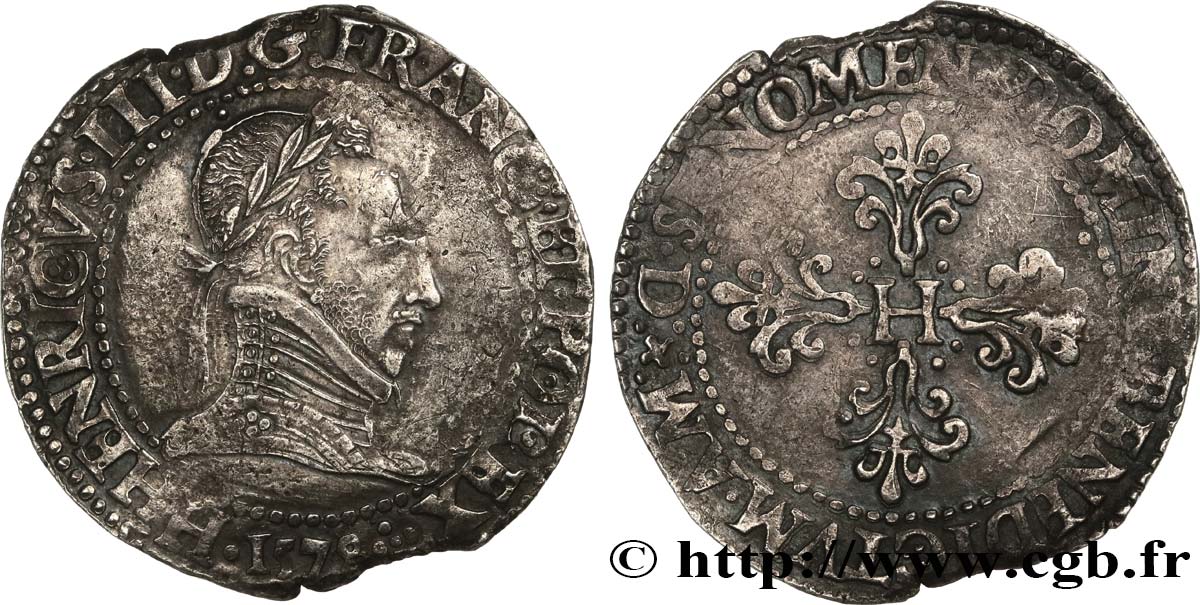 HENRI III Franc au col plat 1578 Lyon TTB+