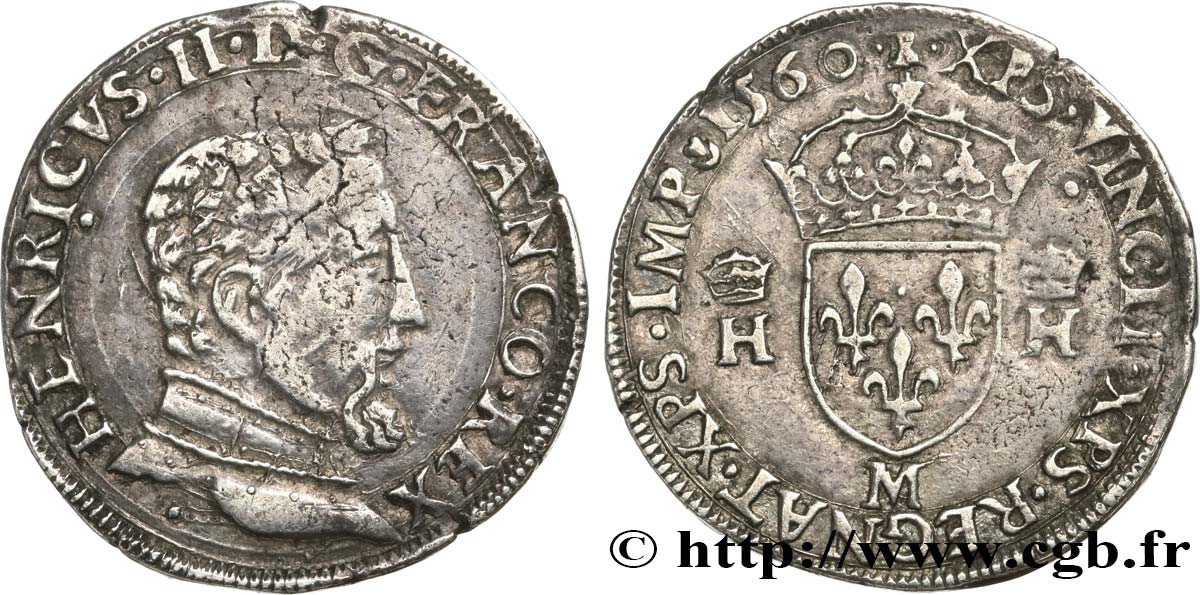 FRANCIS II. COINAGE AT THE NAME OF HENRY II Teston à la tête nue, 5e type 1560 Toulouse SS