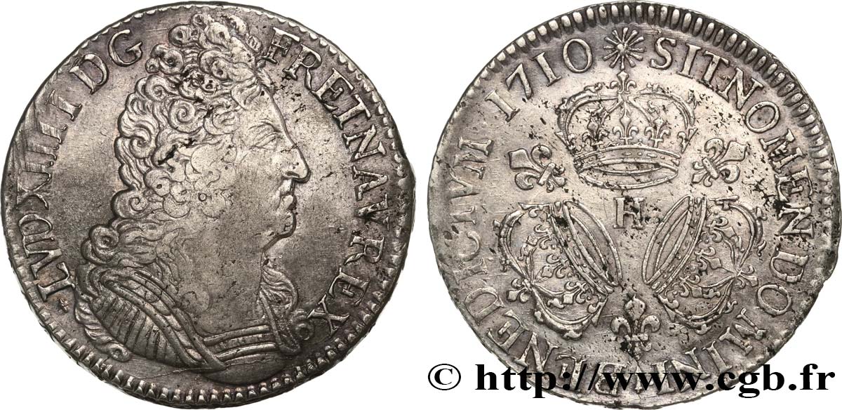 LOUIS XIV  THE SUN KING  Écu aux trois couronnes 1710 La Rochelle XF