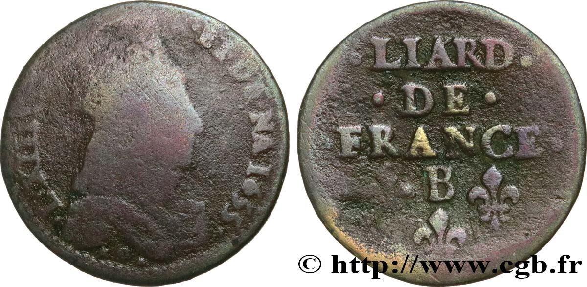 LOUIS XIV  THE SUN KING  Liard de cuivre, 2e type 1655 Pont-de-l’Arche q.B/B