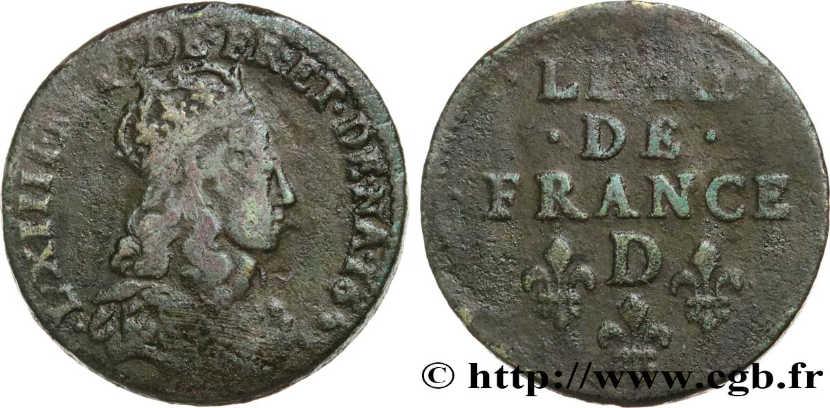 LOUIS XIV  THE SUN KING  Liard de cuivre, 2e type 1655 Vimy-en-Lyonnais (actuellement Neuville-sur-Saône) VF