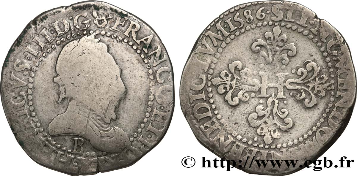 HENRI III Franc au col plat 1586 Rouen B+