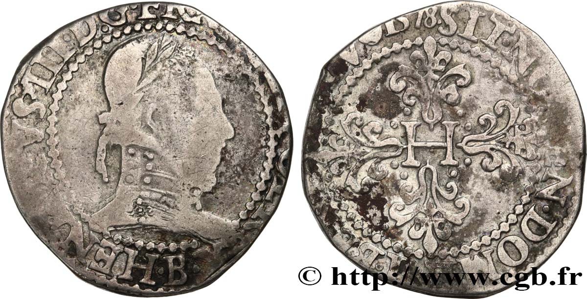 HENRY III Franc au col plat 1578 Rouen VF/XF