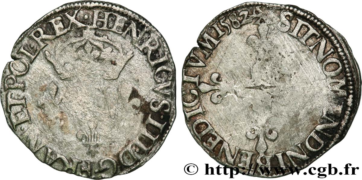 HENRY III Double sol parisis, 2e type 1582 Amiens q.MB