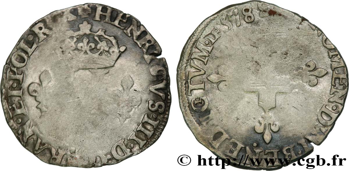 HENRY III Double sol parisis, 2e type 1578 Troyes q.MB