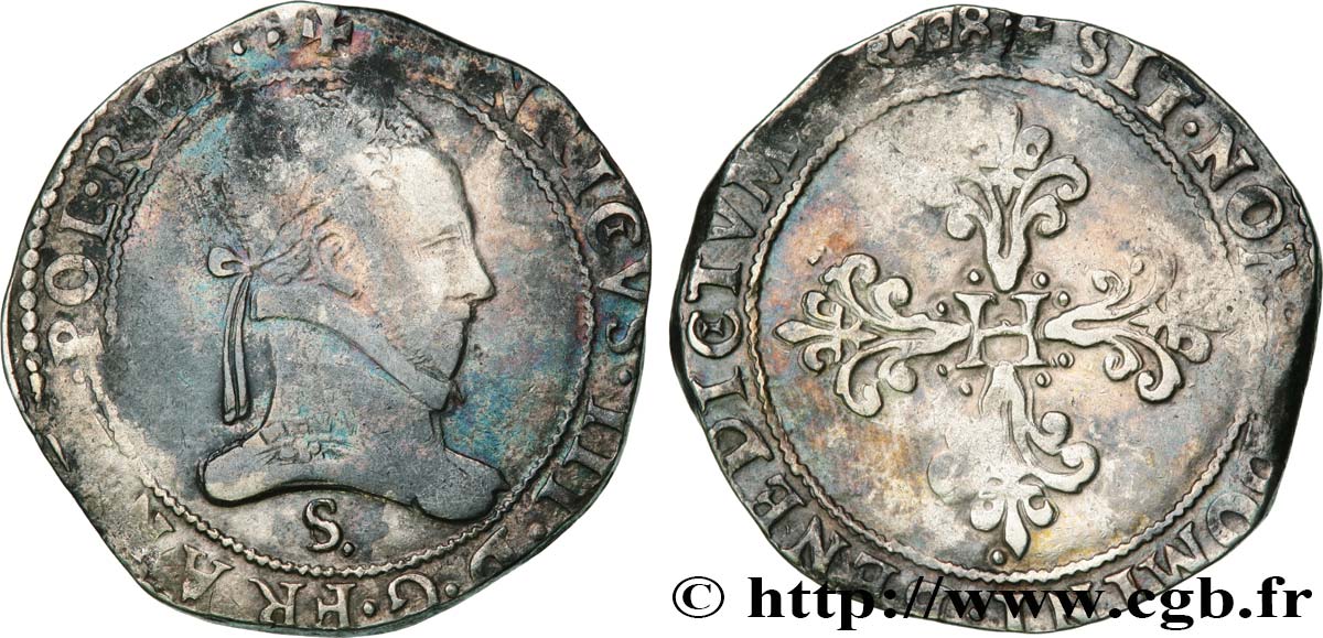HENRY III Franc au col plat 1578 Troyes VF