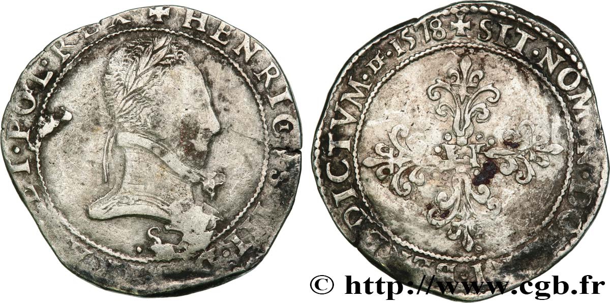 HENRI III Franc au col plat 1578 Troyes TB+