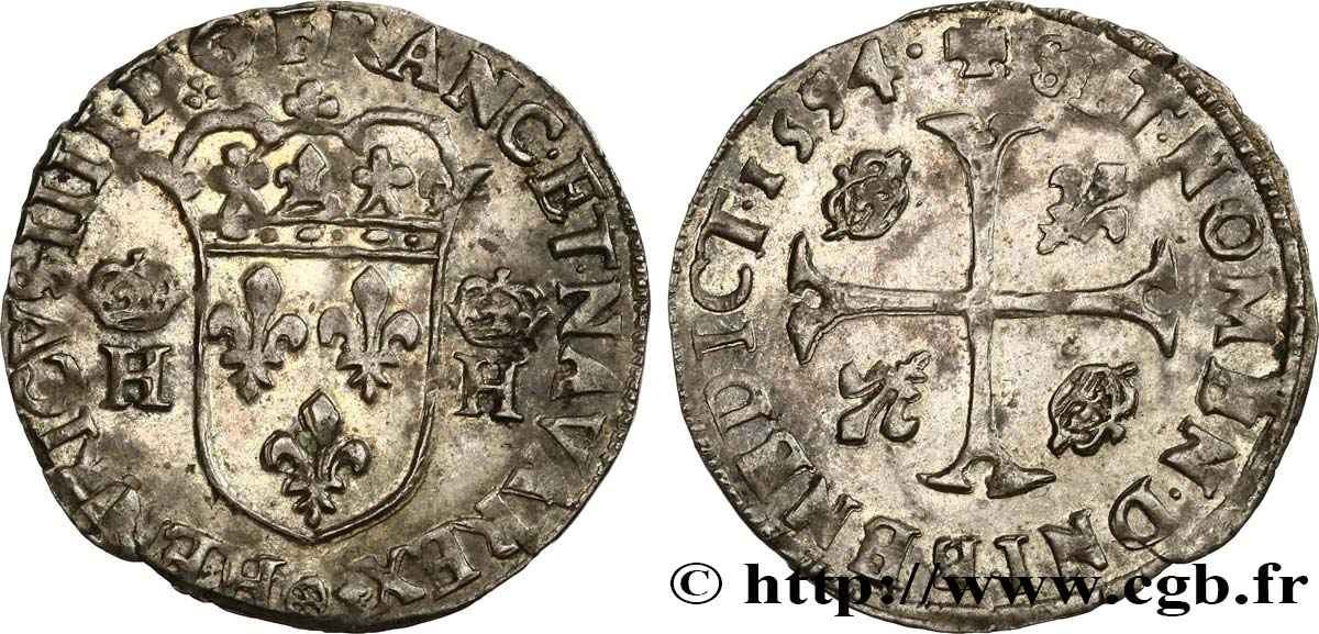 HENRY IV Douzain aux deux H couronnées, 3e type 1594 Clermont-Ferrand AU