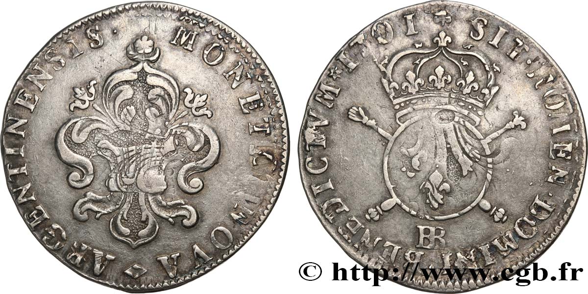 LOUIS XIV  THE SUN KING  Pièce de trente-quatre sols et demi aux insignes 1701 Strasbourg BB