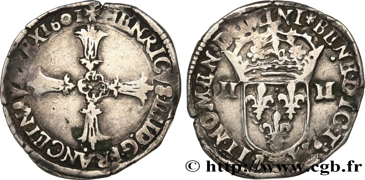 HENRI IV LE GRAND Quart d écu, croix feuillue de face 1601 Nantes TB+