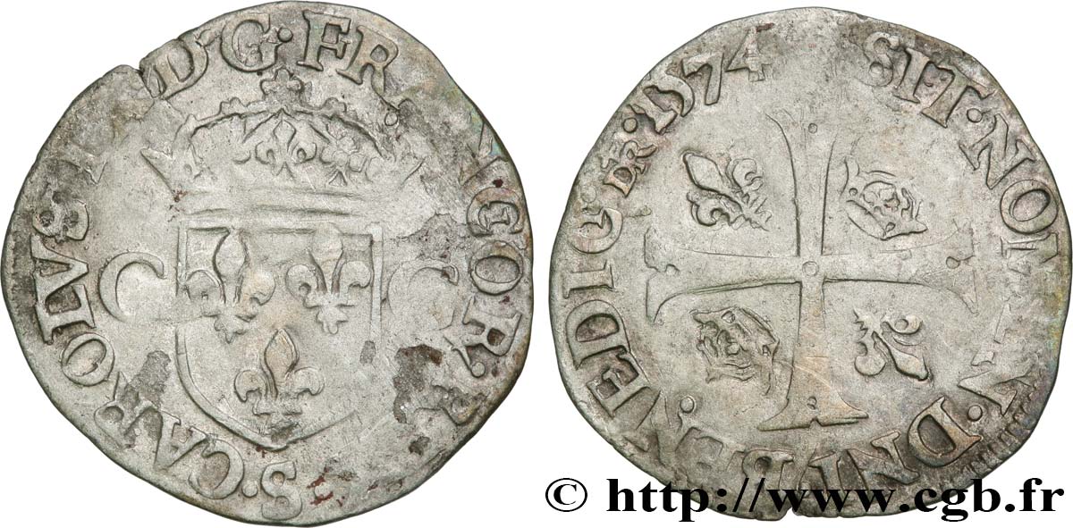 CHARLES IX Douzain aux deux C, 1er type 1574 Troyes VF
