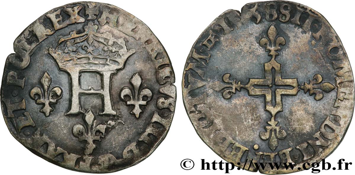 HENRI III Double sol parisis, 2e type 1585 Troyes TB