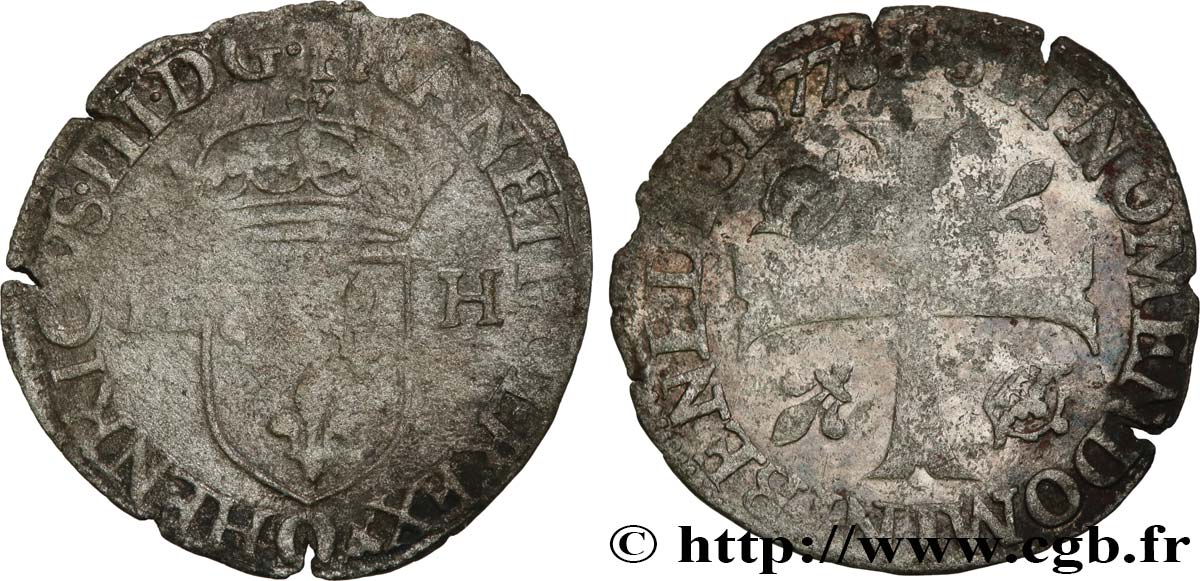 HENRI III Douzain aux deux H, 3e type 1577 Riom TB