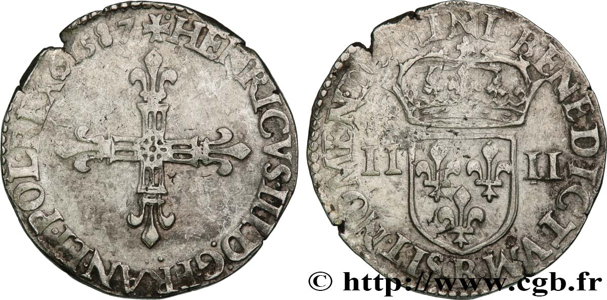 HENRY III Quart d écu, croix de face 1587 Rouen VF