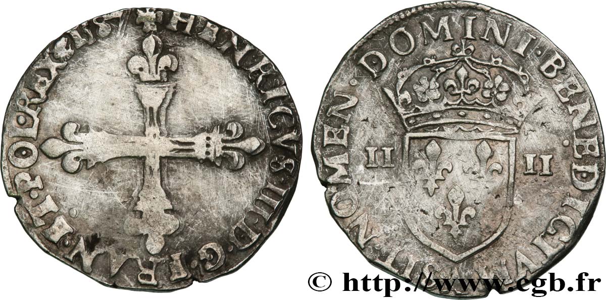 HENRY III Quart d écu, croix de face 1587 Paris VF/VF