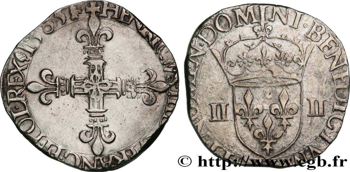 HENRI III Quart d écu, croix de face 1585 La Rochelle TB+