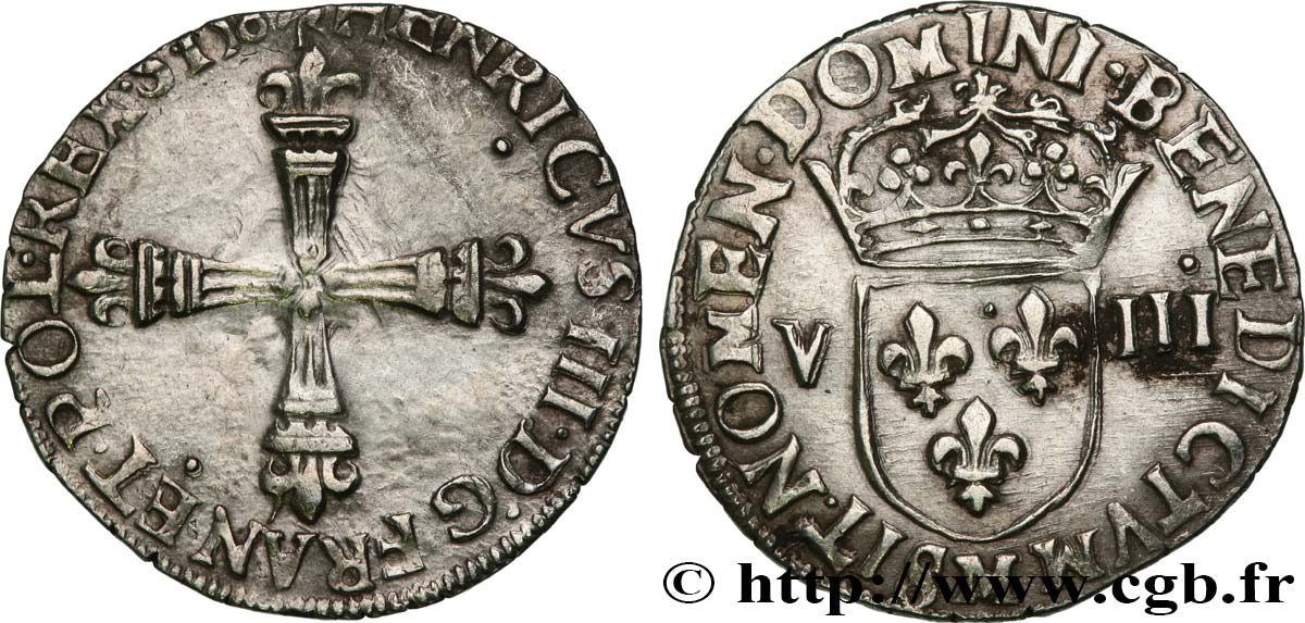 HENRY III Huitième d écu, croix de face 1587 Toulouse BB