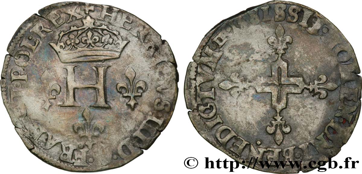 HENRY III Double sol parisis, 2e type 1581 Troyes BC