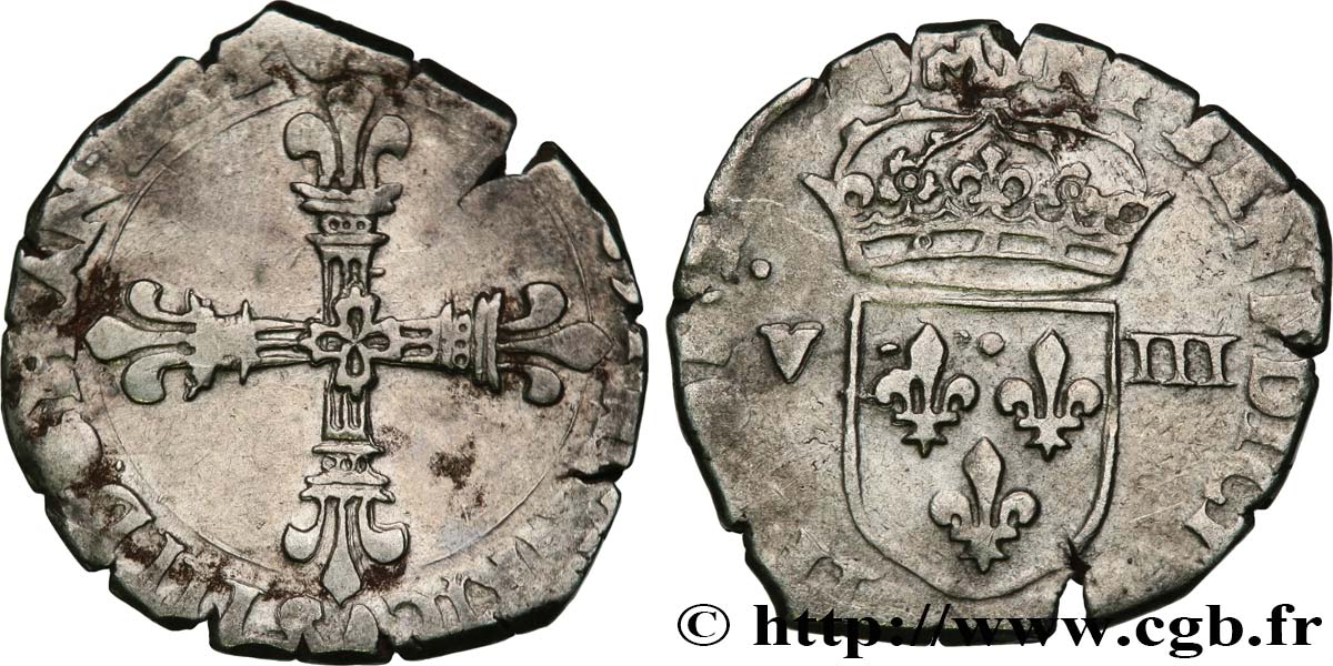 HENRI III Huitième d écu, croix de face n.d. Angers B