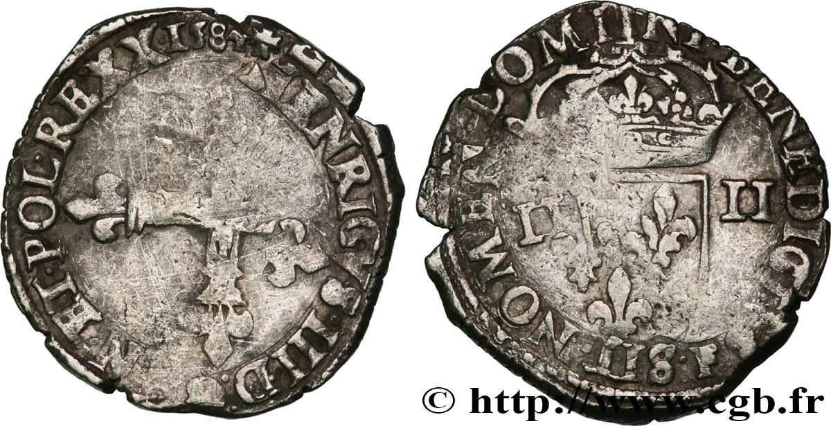 HENRI III Quart d écu, croix de face 1584 Angers B+