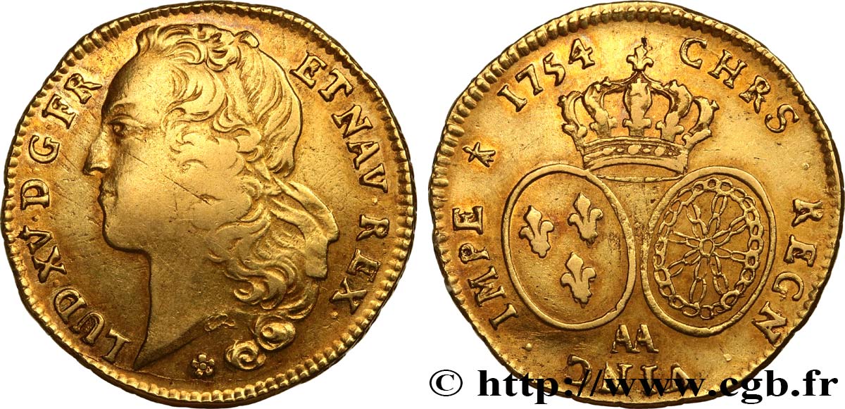 LOUIS XV  THE WELL-BELOVED  Double louis d’or aux écus ovales, tête ceinte d’un bandeau 1754 Metz BC+/MBC