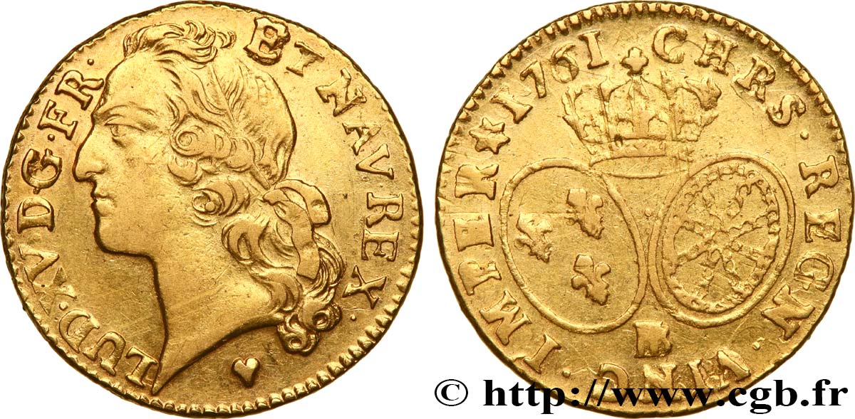 LOUIS XV THE BELOVED Louis d’or aux écus ovales, tête ceinte d’un bandeau 1761 Strasbourg XF/VF