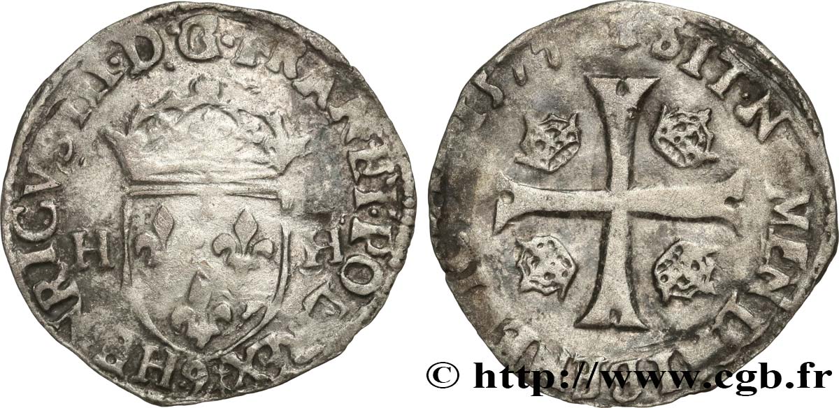 HENRY III Douzain aux deux H, 1er type 1577 Rennes BC+