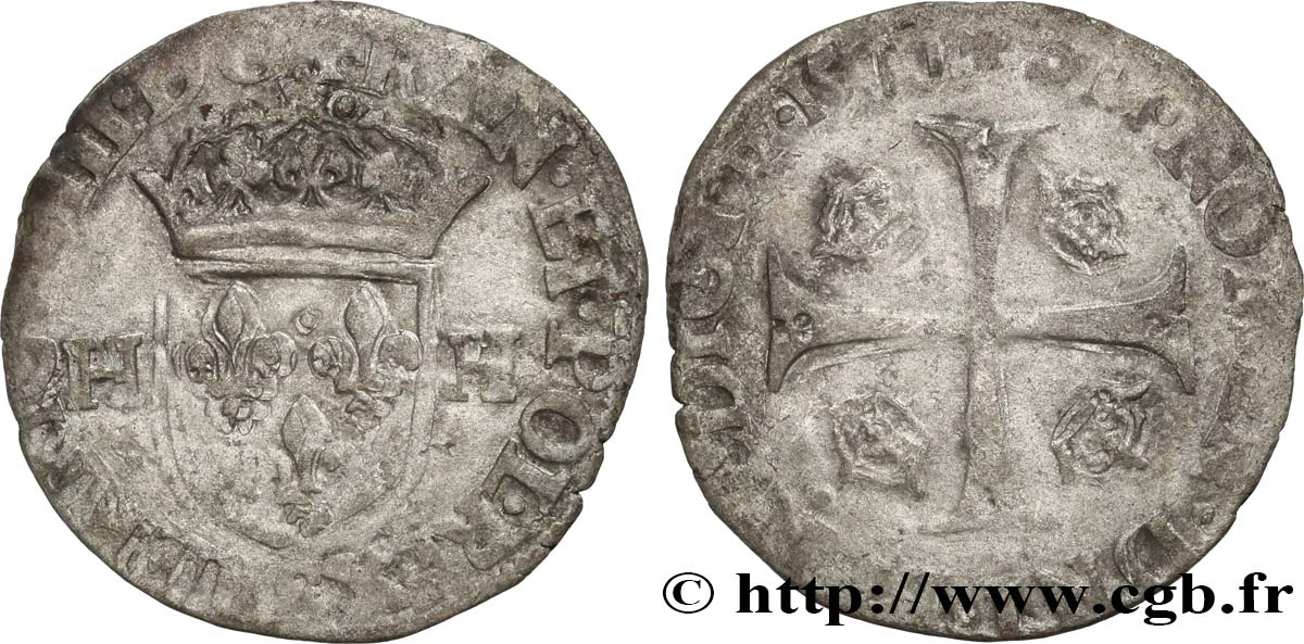 HENRI III Douzain aux deux H, 1er type 1577 Troyes B+
