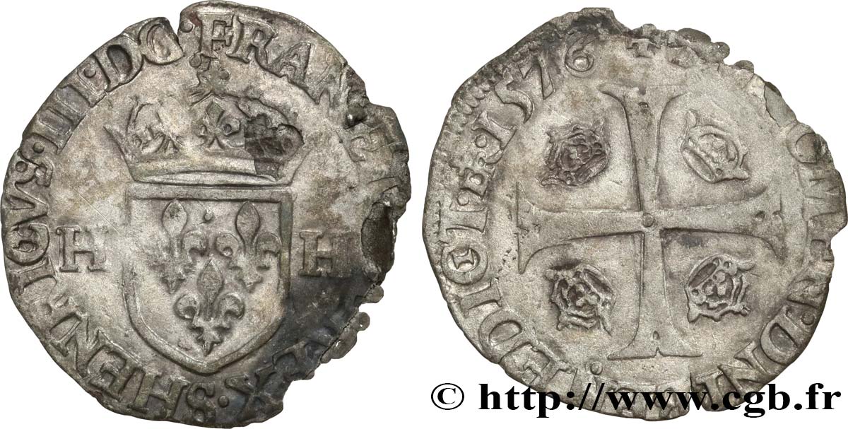 HENRI III Douzain aux deux H, 1er type 1576 Troyes B+