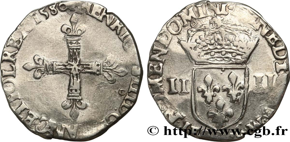 HENRI III Quart d écu, croix de face 1580 Rennes TB+