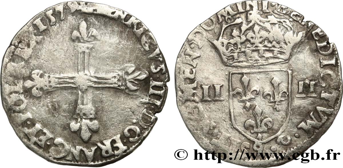 HENRI III Quart d écu, croix de face 1579 Rennes TB+