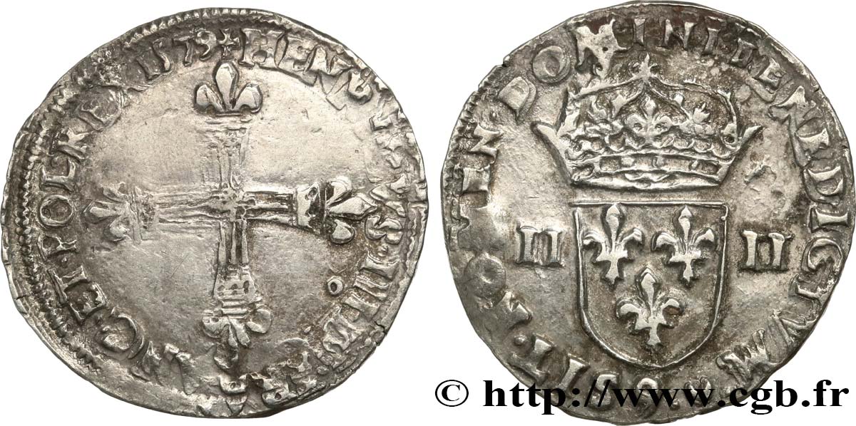 HENRY III Quart d écu, croix de face 1579 Rennes VF/VF
