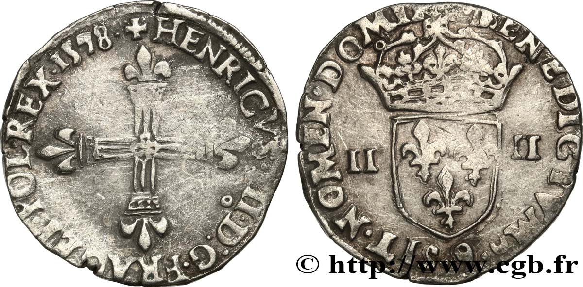 HENRI III Quart d écu, croix de face 1578 Rennes TB