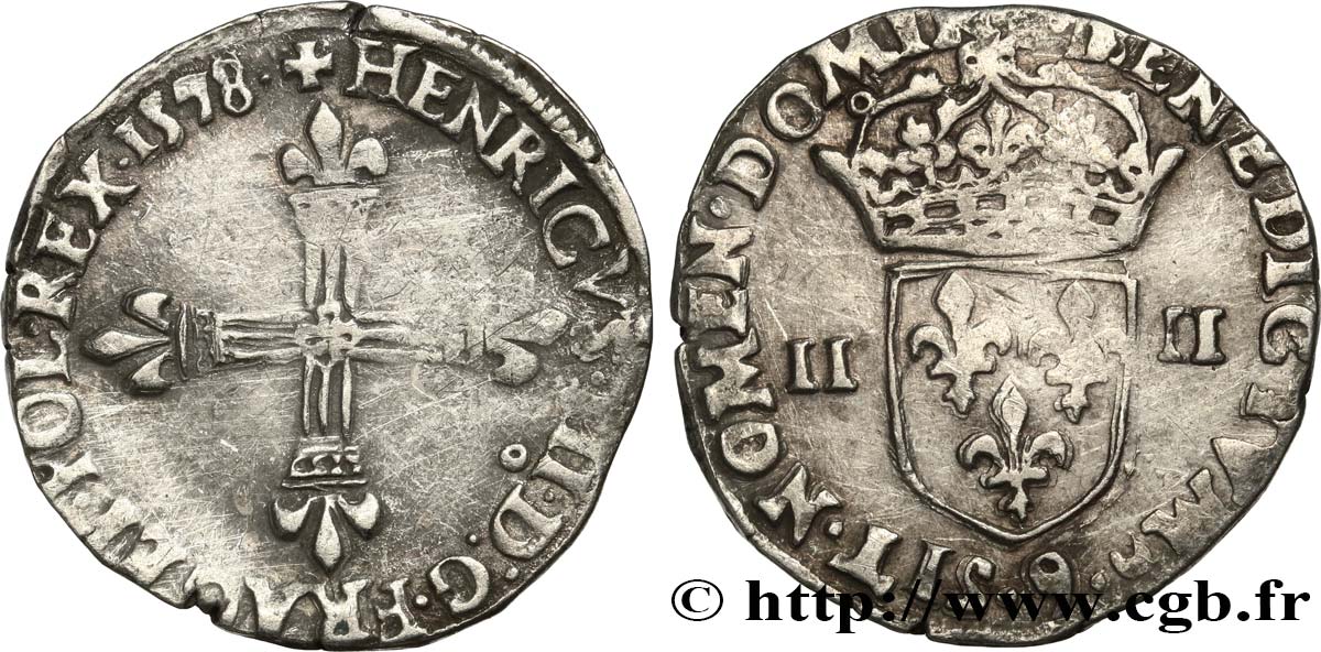 HENRY III Quart d&nbsp;écu, croix de face 1578 Rennes VF