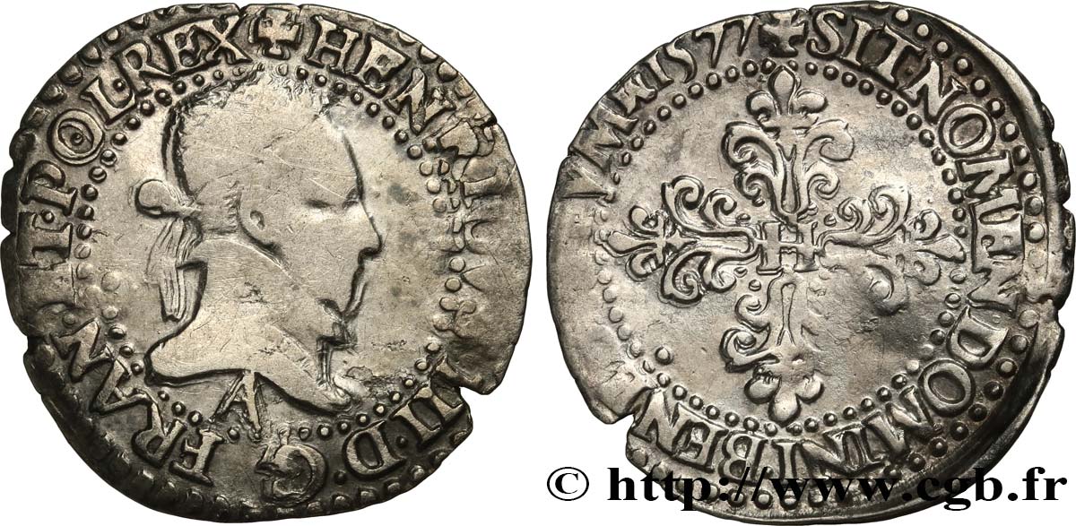 HENRI III Quart de franc au col plat 1577 Paris TB