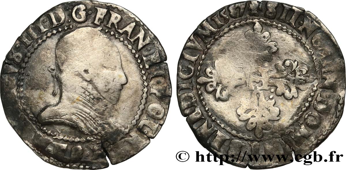 HENRI III Demi-franc au col gaufré 1587 Angers B+