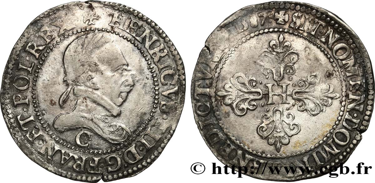HENRY III Demi-franc au col plat 1587 Saint-Lô MBC