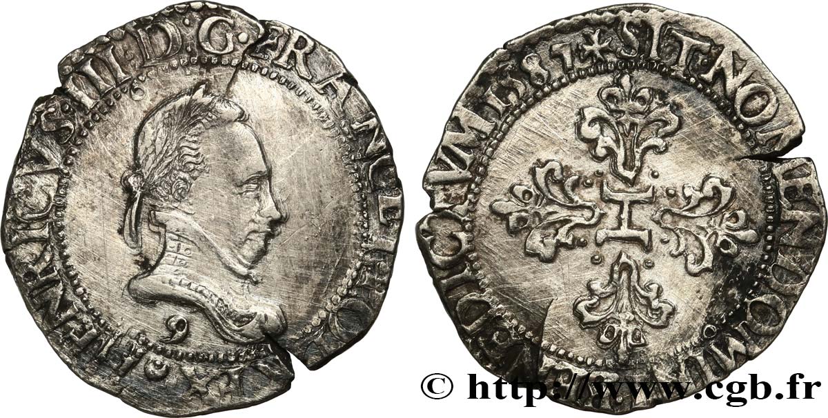 HENRY III Demi-franc au col plat 1587 Rennes VF