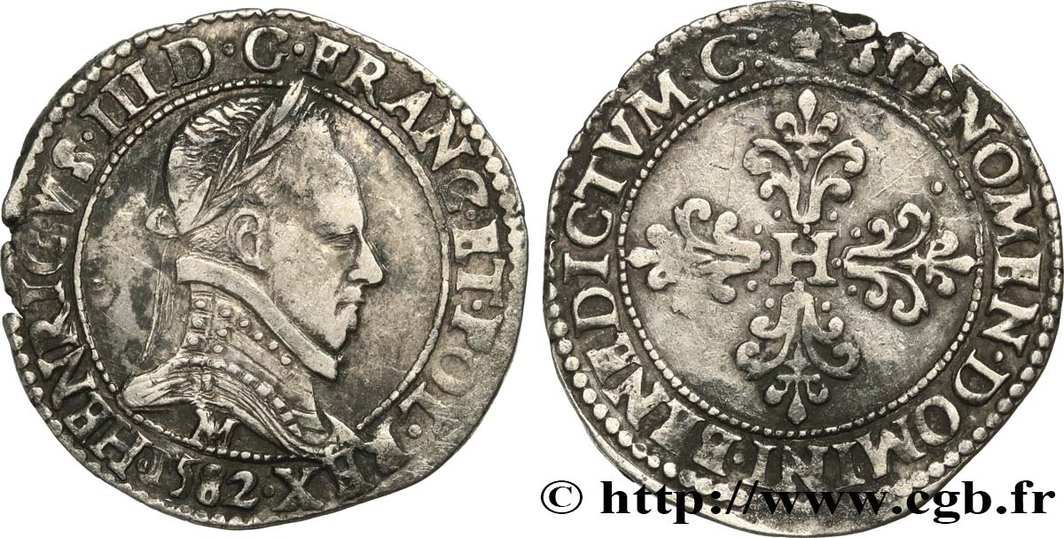 HENRY III Demi-franc au col plat 1582 Toulouse XF