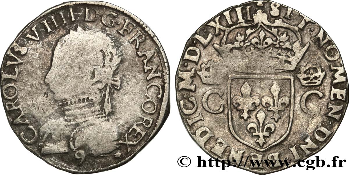 HENRI III. MONNAYAGE AU NOM DE CHARLES IX Teston, 2e type 1563 Rennes TB