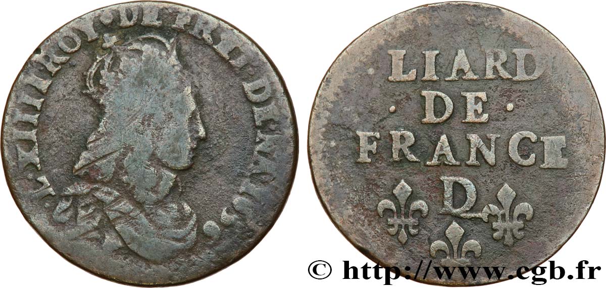 LOUIS XIV  THE SUN KING  Liard de cuivre, 2e type 1656 Vimy-en-Lyonnais (actuellement Neuville-sur-Saône) q.MB
