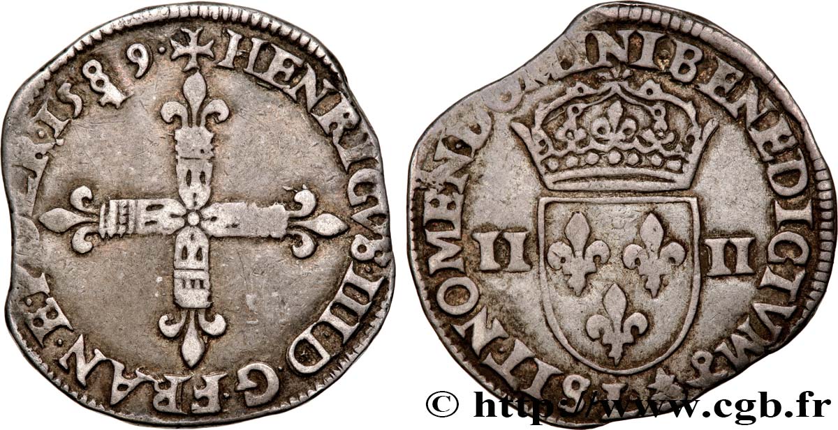 HENRI III Quart d écu, croix de face 1589 Bayonne TB+