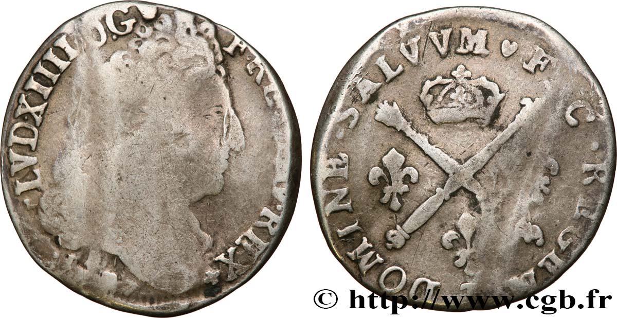 LOUIS XIV LE GRAND OU LE ROI SOLEIL 20 sols aux insignes 1707 Nantes B+/TTB+
