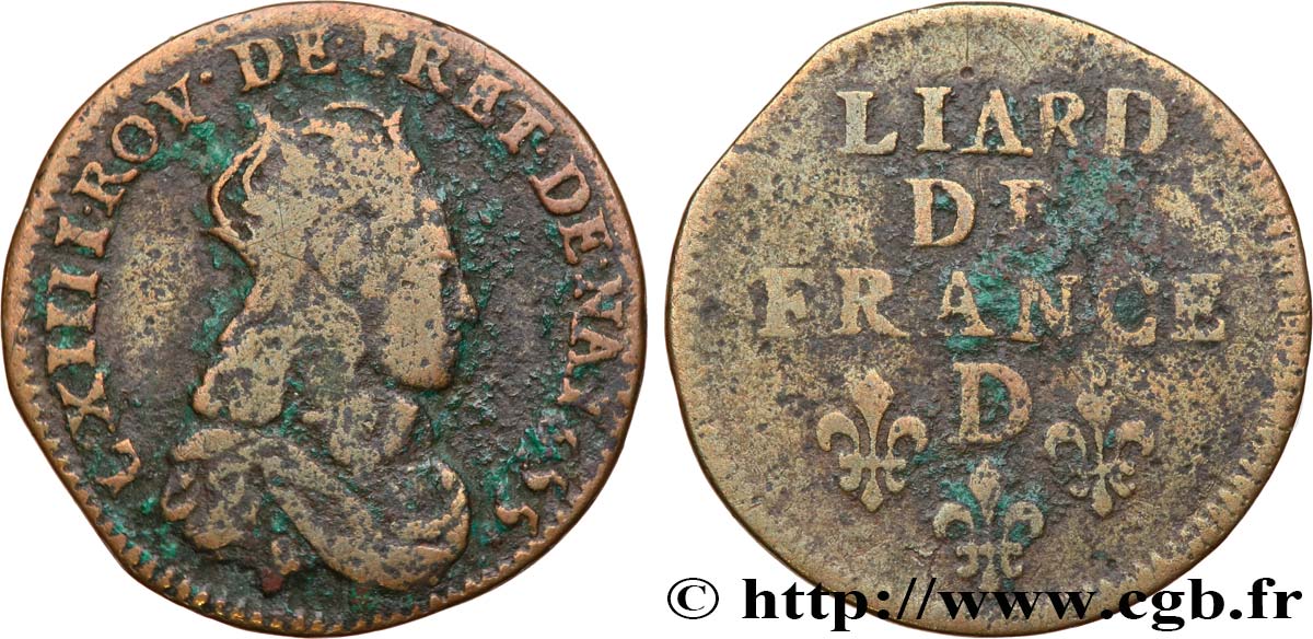 LOUIS XIV  THE SUN KING  Liard de cuivre, 2e type 1655 Vimy-en-Lyonnais (actuellement Neuville-sur-Saône) MB