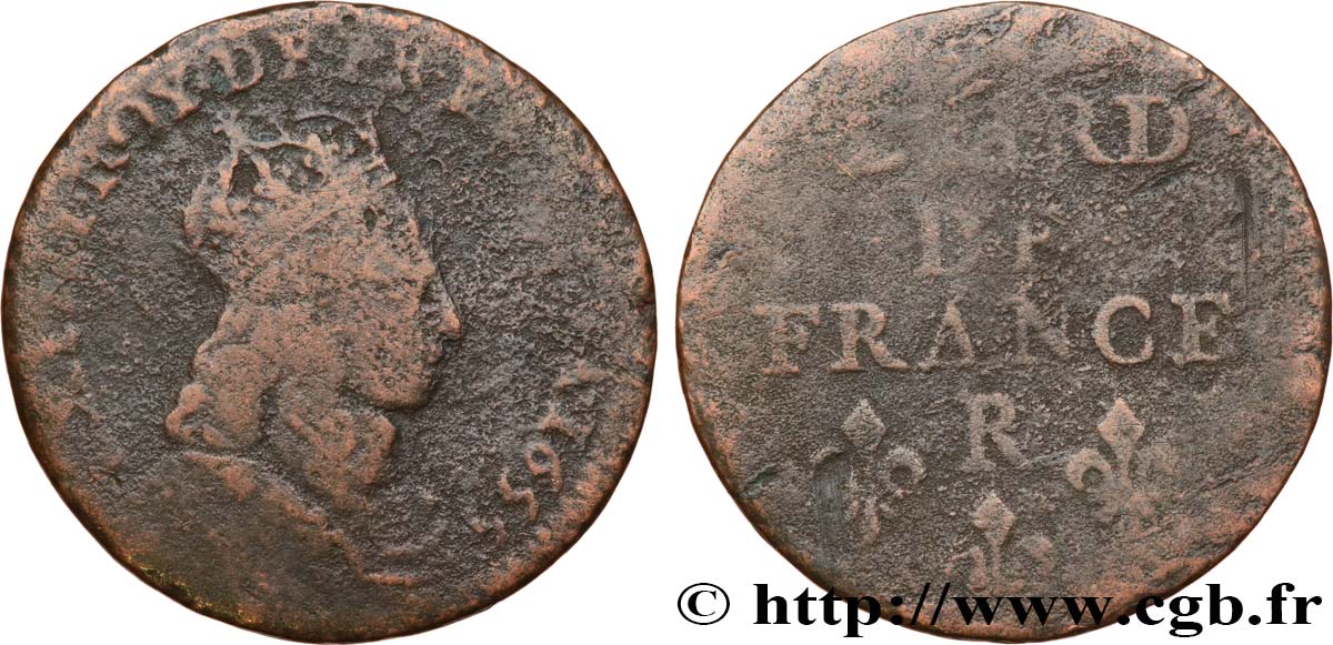 LOUIS XIV LE GRAND OU LE ROI SOLEIL Liard de cuivre, 2e type 1655 Nîmes B