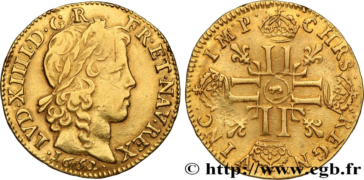 LOUIS XIV  THE SUN KING  Louis d’or aux huit L, portrait à la mèche longue 1652 Arras BC+