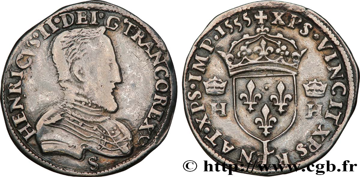 HENRI II Demi-teston à la tête nue, 1er type 1555 Bayonne TB/TB+